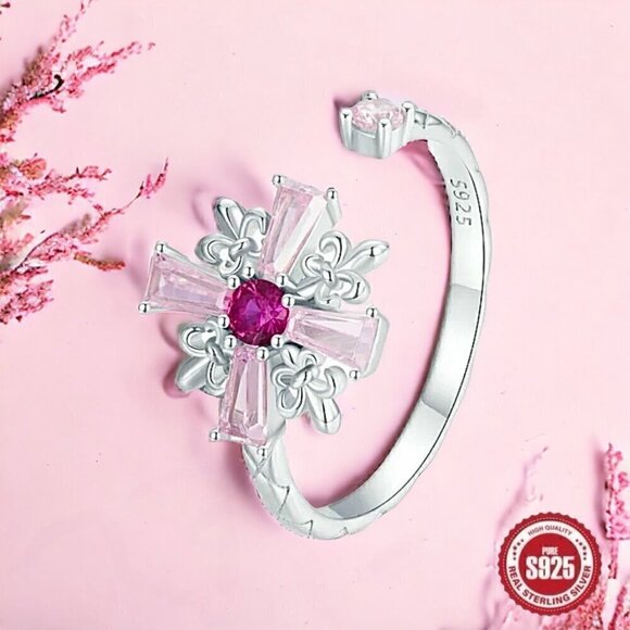 NWT S925 Sterling Silver Pink CZ Cross Fleur-De-Lis Design Open Adjustable Ring - Picture 4 of 12